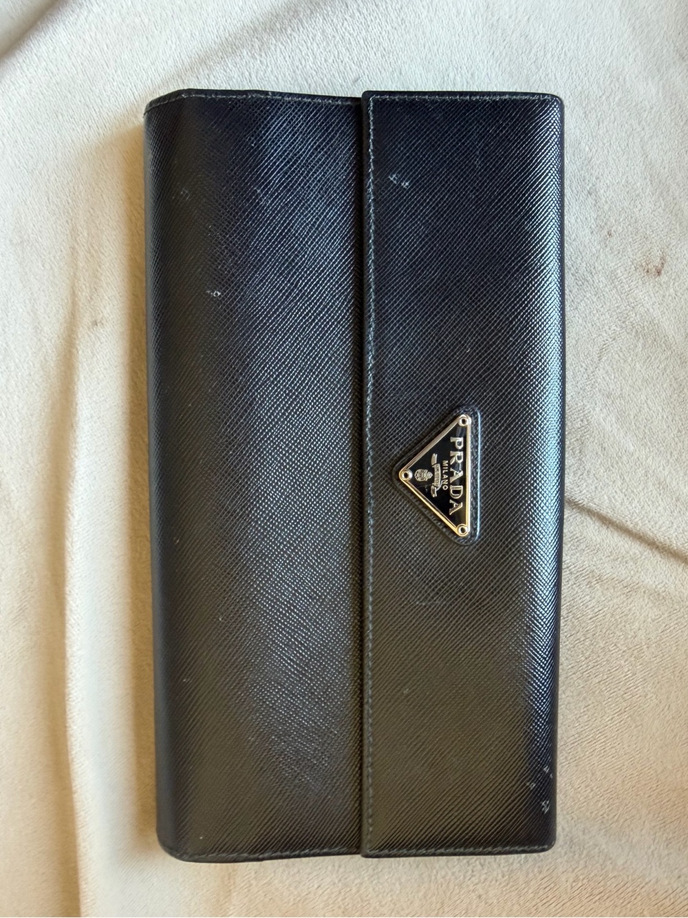 PRADA Vintage VTG Black Saffiano Leather Continental Long Triangle Logo Wallet